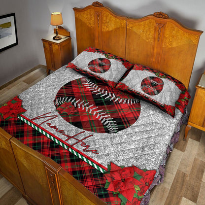 Personalized Baseball Quilt Set, Christmas Red Plaid Baseballmas Holiday Quilt Blanket