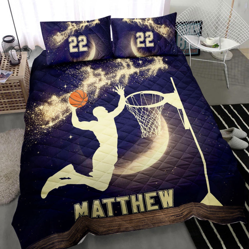 Personalized Basketball Quilt Set, Basketball Moonmas Xmas Quilt Blanket, Custom Name And Number Quilt Bedding Set