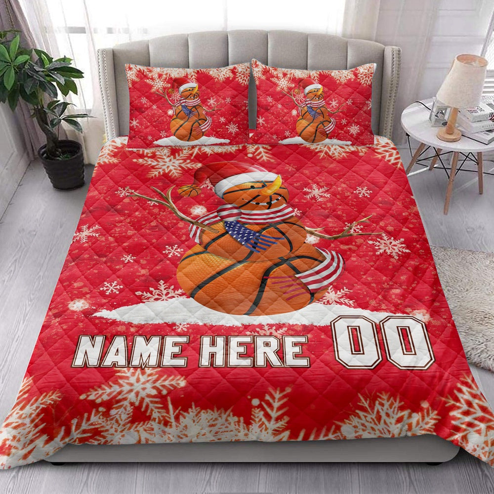 Personalized Basketball Quilt Set, Basketball Snowmanmas Quilt Blanket, Custom Name And Number Quilt Bedding Set