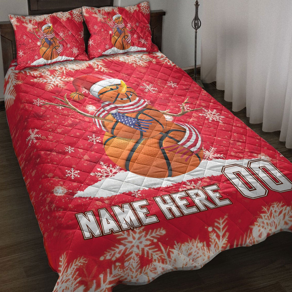 Personalized Basketball Quilt Set, Basketball Snowmanmas Quilt Blanket, Custom Name And Number Quilt Bedding Set