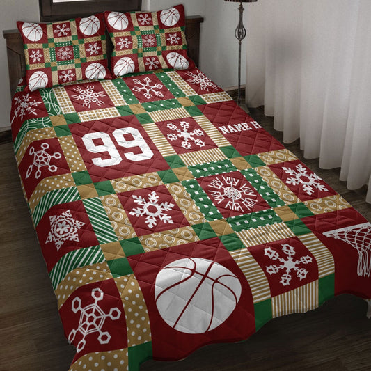 Personalized Basketball Quilt Set, Christmas Basketball Xmasmas Quilt Blanket, And Number Bedding