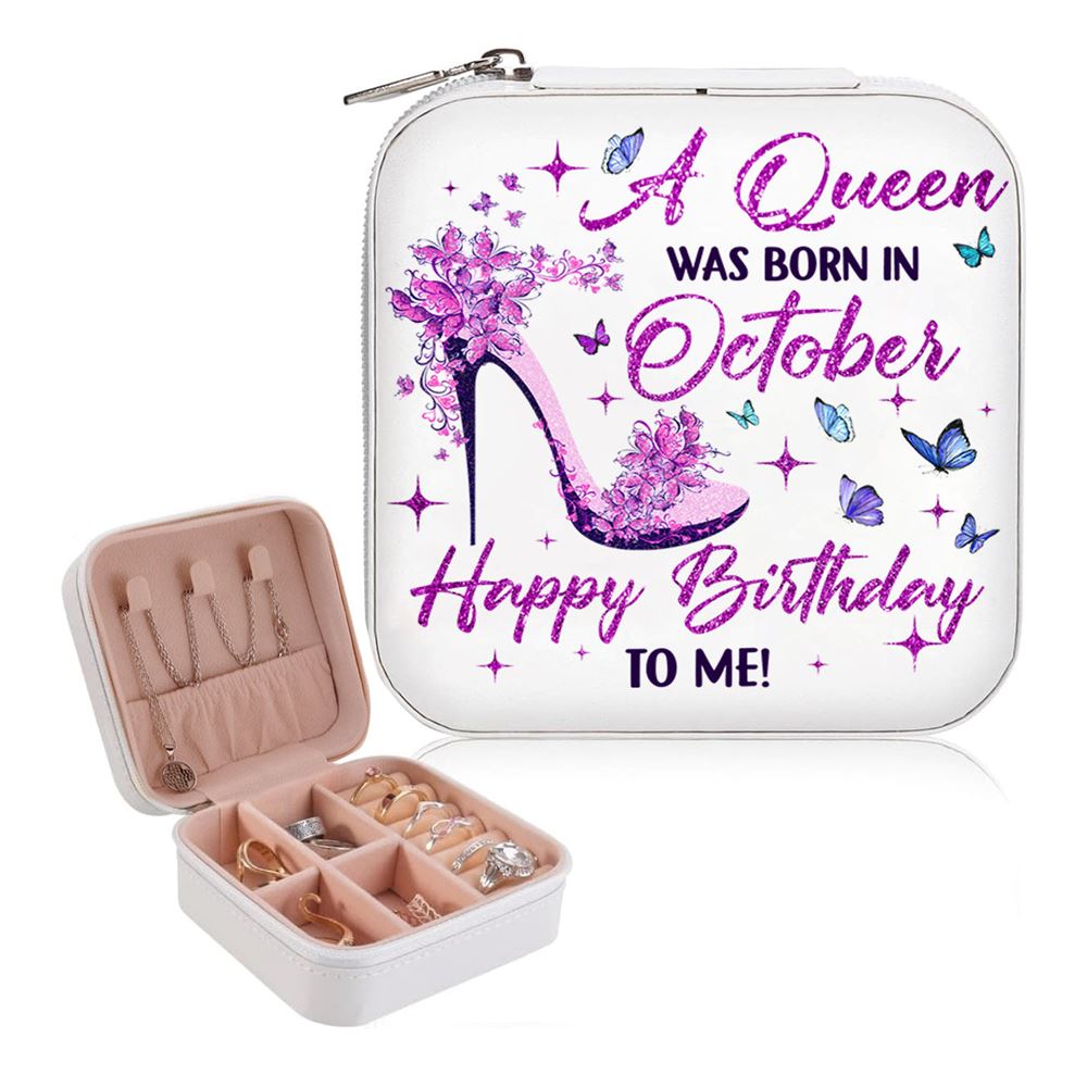 Personalized Birth A Queen Was Born Jewelry Box, Travel Jewelry Case Gift For Mom, Wife, Aunt, Friends, Mother's Day Jewelry Case