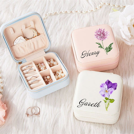 Personalized Birth Flower Jewelry Travel Box Bridesmaid Gift Case With Name, Mother's Day Jewelry Case