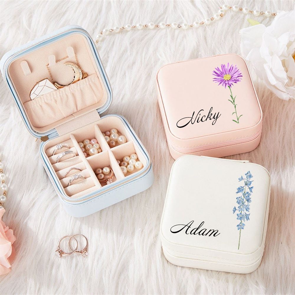 Personalized Birth Flower Jewelry Travel Box Bridesmaid Gift Case With Name, Mother's Day Jewelry Case