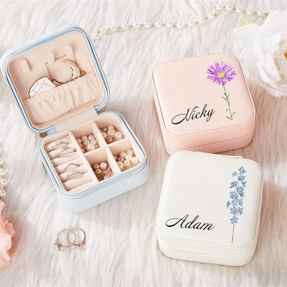 Personalized Birth Flower Jewelry Travel Box Bridesmaid Gift Case With Name, Mother's Day Jewelry Case