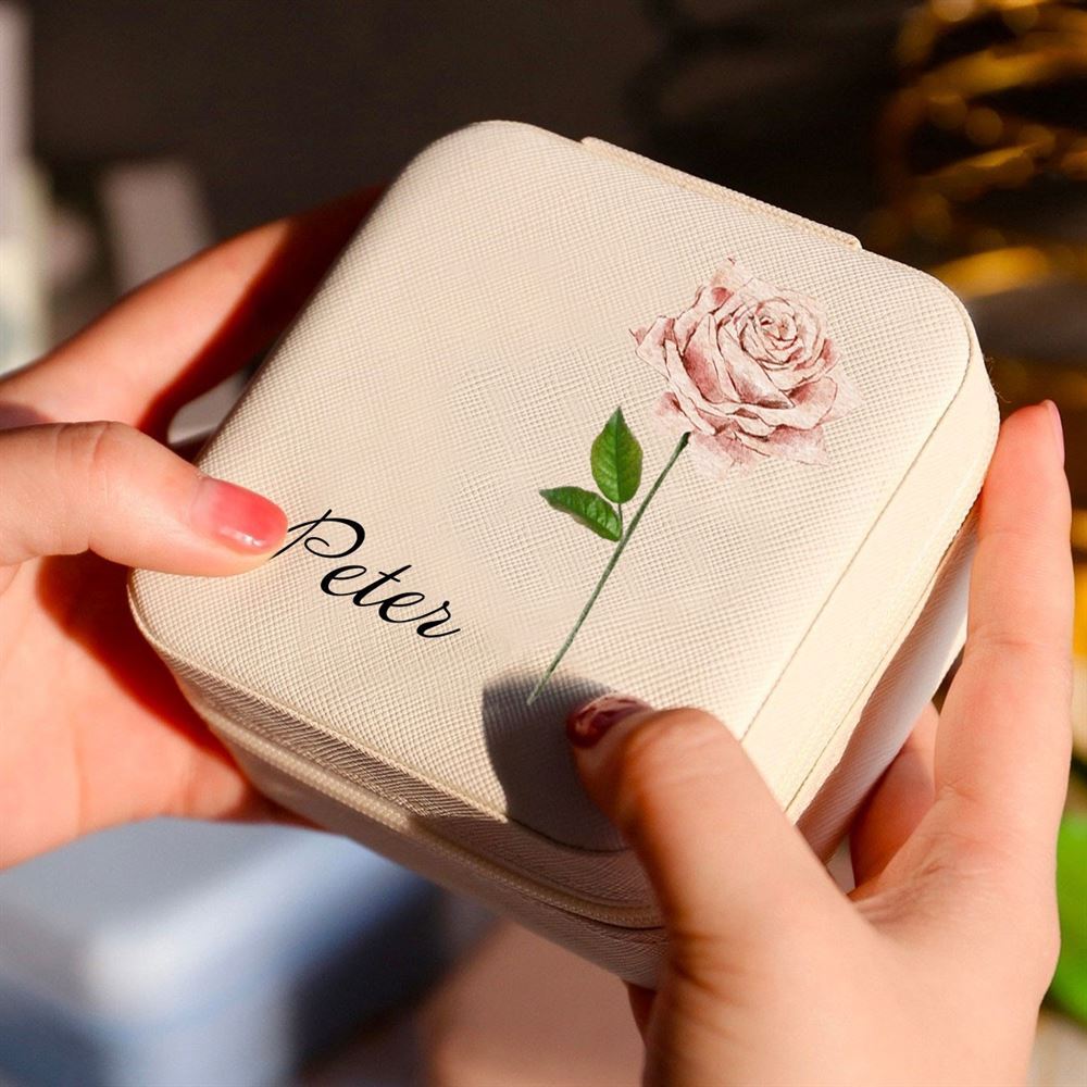 Personalized Birth Flower Jewelry Travel Box Bridesmaid Gift Case With Name, Mother's Day Jewelry Case