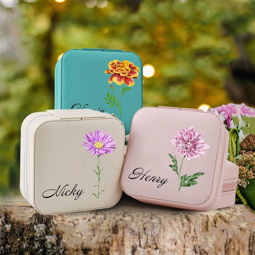 Personalized Birth Flower Jewelry Travel Box Bridesmaid Gift Case With Name, Mother's Day Jewelry Case