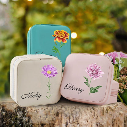 Personalized Birth Flower Jewelry Travel Box Bridesmaid Gift Case With Name, Mother's Day Jewelry Case