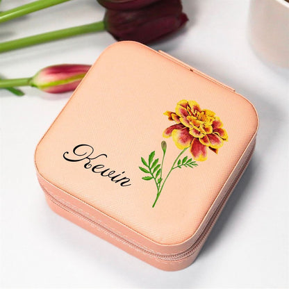 Personalized Birth Flower Jewelry Travel Box Bridesmaid Gift Case With Name, Mother's Day Jewelry Case
