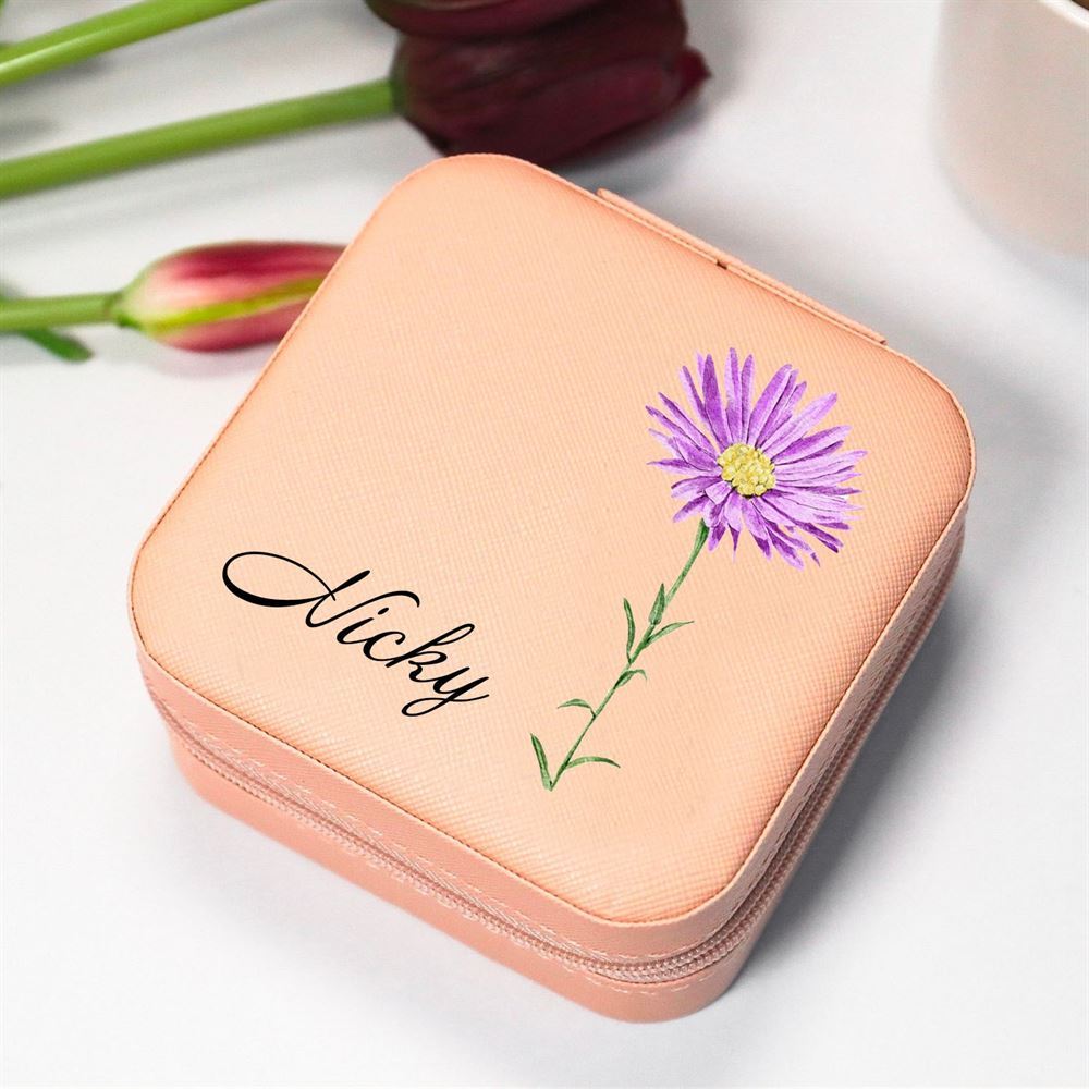 Personalized Birth Flower Jewelry Travel Box Bridesmaid Gift Case With Name, Mother's Day Jewelry Case