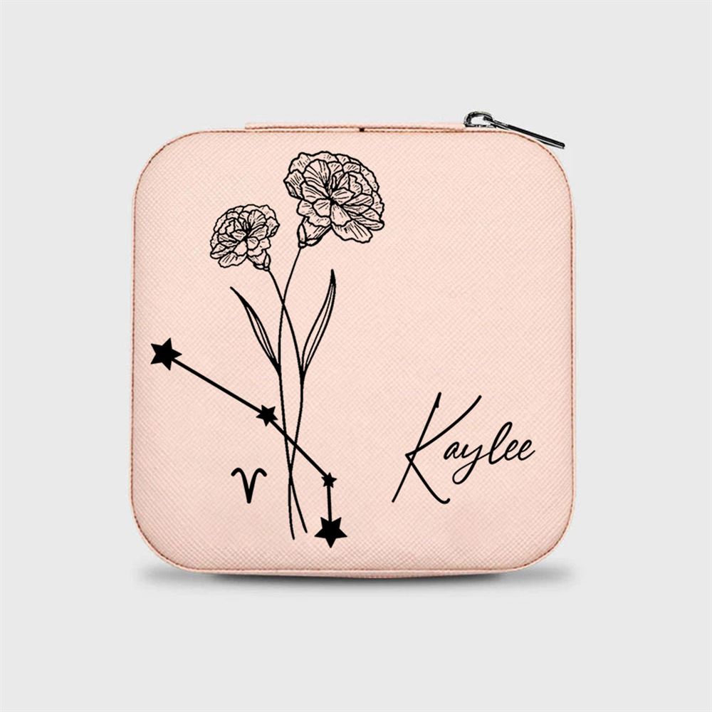 Personalized Birth Flower Zodiac Jewelry Box - Travel Jewelry Case Gift For Mom, Wife, Aunt, Friends, Mother's Day Jewelry Case