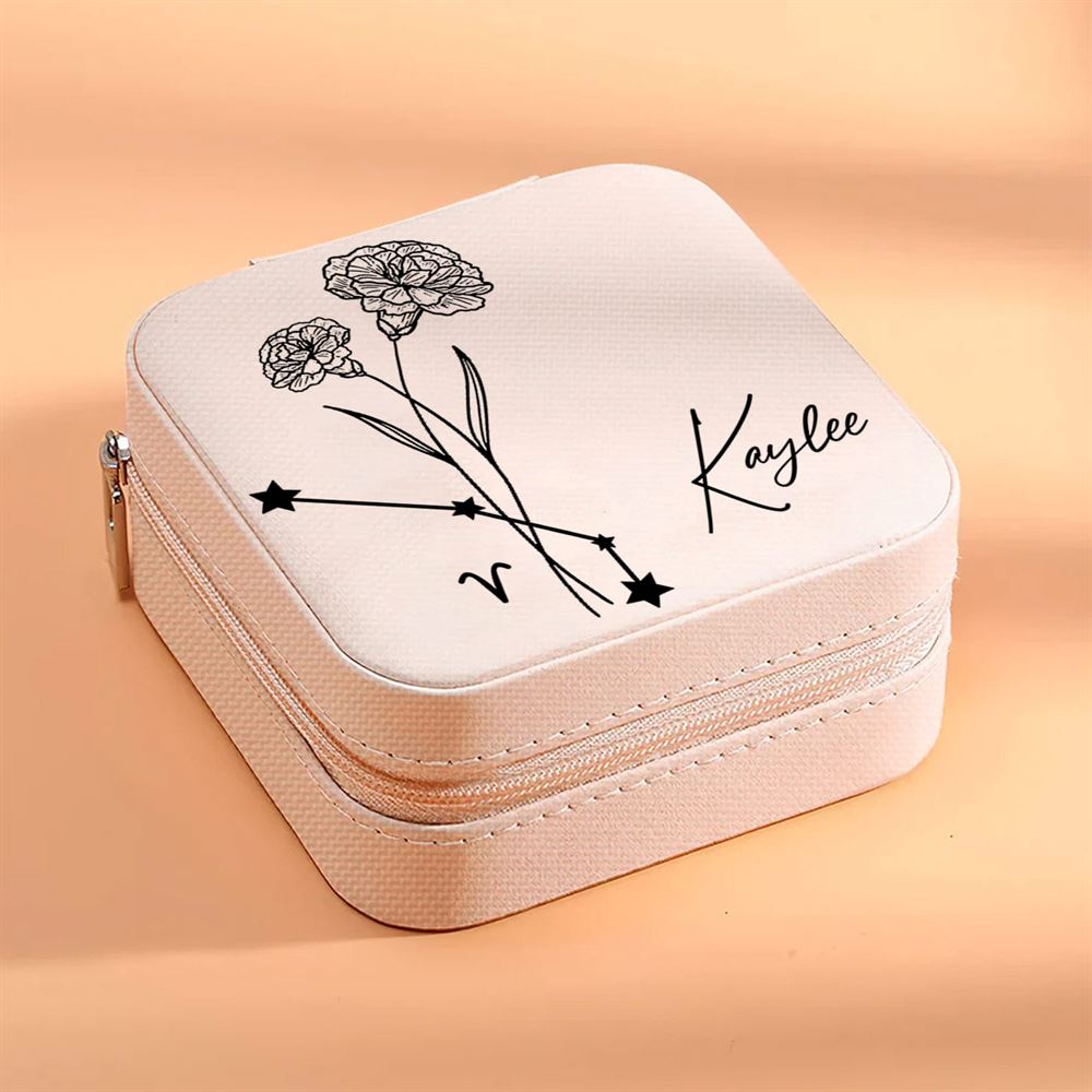 Personalized Birth Flower Zodiac Jewelry Box - Travel Jewelry Case Gift For Mom, Wife, Aunt, Friends, Mother's Day Jewelry Case