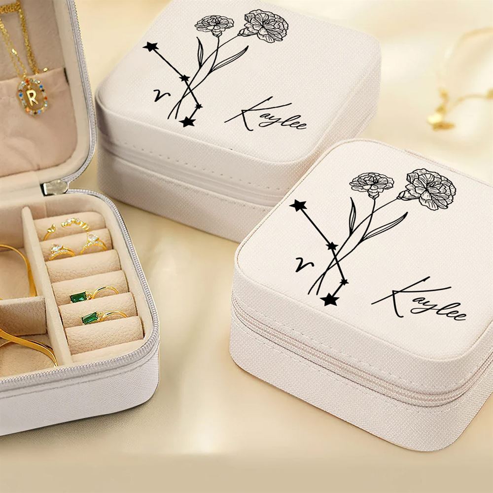 Personalized Birth Flower Zodiac Jewelry Box - Travel Jewelry Case Gift For Mom, Wife, Aunt, Friends, Mother's Day Jewelry Case
