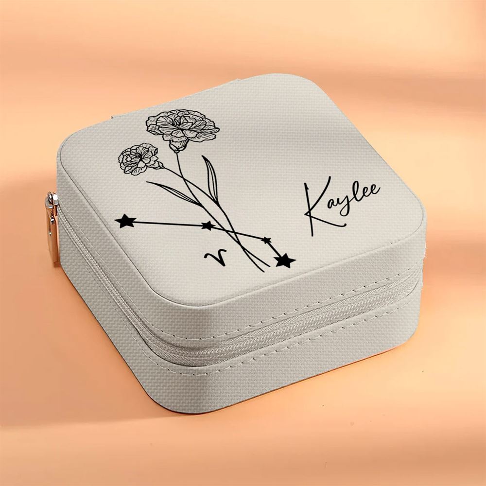 Personalized Birth Flower Zodiac Jewelry Box - Travel Jewelry Case Gift For Mom, Wife, Aunt, Friends, Mother's Day Jewelry Case