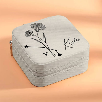 Personalized Birth Flower Zodiac Jewelry Box - Travel Jewelry Case Gift For Mom, Wife, Aunt, Friends, Mother's Day Jewelry Case