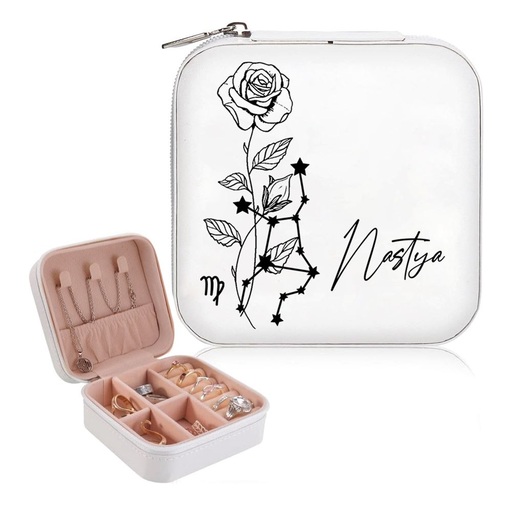 Personalized Birth Flower Zodiac Jewelry Box - Travel Jewelry Case Gift For Mom, Wife, Aunt, Friends, Mother's Day Jewelry Case