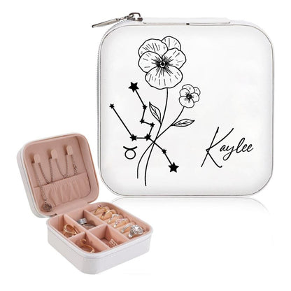 Personalized Birth Flower Zodiac Jewelry Box - Travel Jewelry Case Gift For Mom, Wife, Aunt, Friends, Mother's Day Jewelry Case
