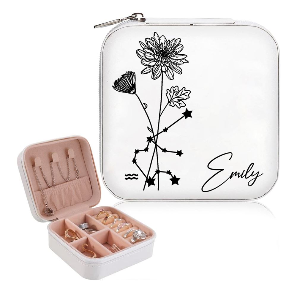 Personalized Birth Flower Zodiac Jewelry Box - Travel Jewelry Case Gift For Mom, Wife, Aunt, Friends, Mother's Day Jewelry Case