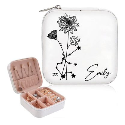 Personalized Birth Flower Zodiac Jewelry Box - Travel Jewelry Case Gift For Mom, Wife, Aunt, Friends, Mother's Day Jewelry Case
