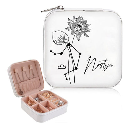 Personalized Birth Flower Zodiac Jewelry Box - Travel Jewelry Case Gift For Mom, Wife, Aunt, Friends, Mother's Day Jewelry Case
