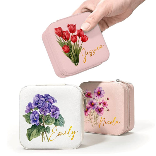 Personalized Birth Of Month Flower Jewelry Box - Jewelry Case For Birthday, Mother's Day Jewelry Case