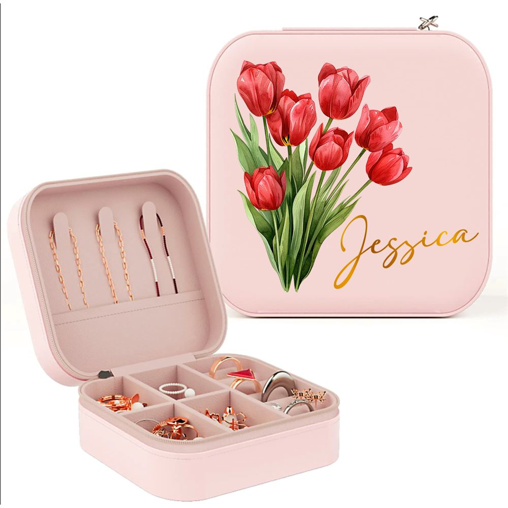 Personalized Birth Of Month Flower Jewelry Box - Jewelry Case For Birthday, Mother's Day Jewelry Case