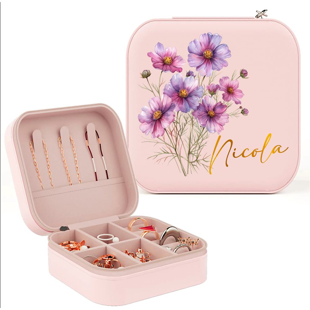 Personalized Birth Of Month Flower Jewelry Box - Jewelry Case For Birthday, Mother's Day Jewelry Case