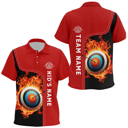 Personalized Black Red Flaming Target Archery Polo Shirts, Custom Archery Team Jerseys, Archery Team Shirts, Custom Archery Shirts