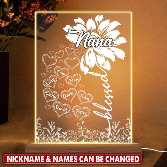 Personalized Blessed Nana, Grandma With Grandkids Flower Custom Acrylic Plaque Led Lamp Night Light, Mother's Day Led Light, Mom Gift