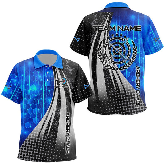 Personalized Blue Black Archery Coach Polo Shirts, Custom Target Archery Team Shirts, Archery Team Shirts, Custom Archery Shirts