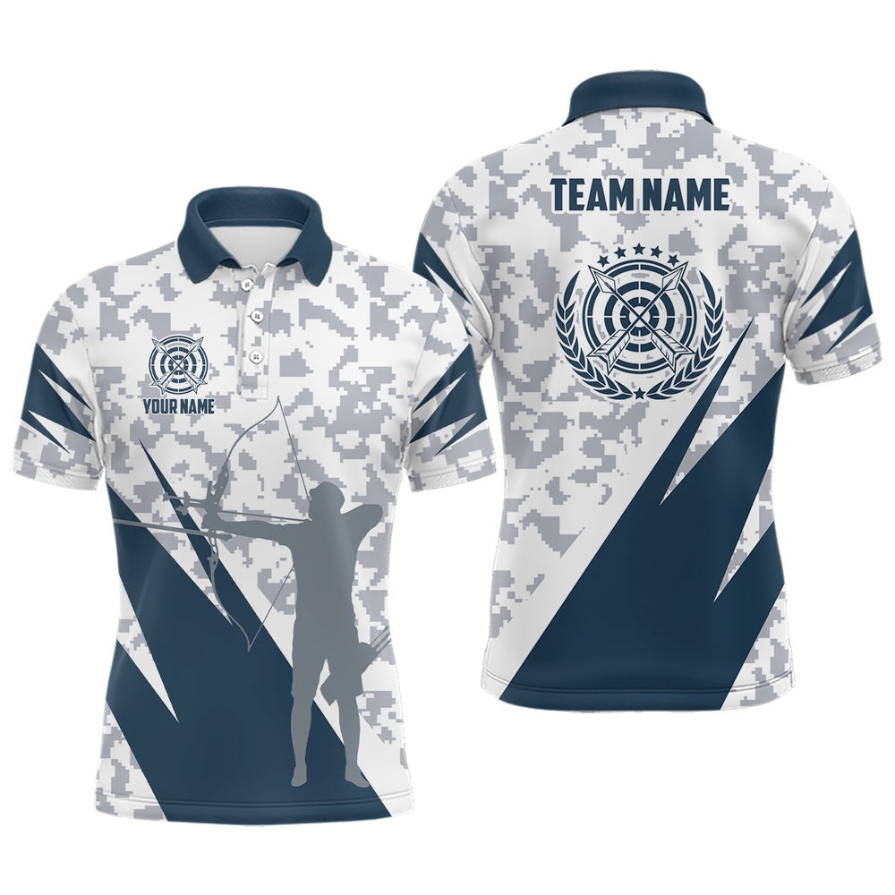 Personalized Blue Grey Digital Camo Archery Polo Shirts For Men Custom Team Name Archery Jerseys, Archery Team Shirts, Custom Archery Shirts