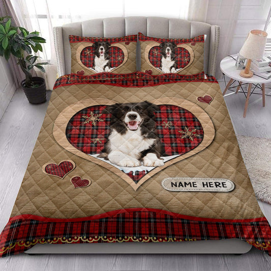 Personalized Border Collie Quilt Set, Border Colliemas Heart Red Plaid Quilt Blanket