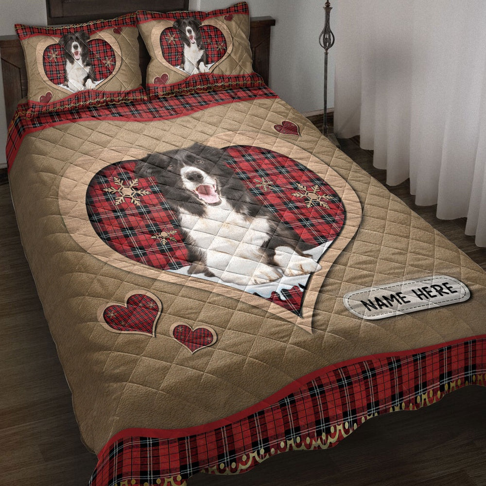 Personalized Border Collie Quilt Set, Border Colliemas Heart Red Plaid Quilt Blanket