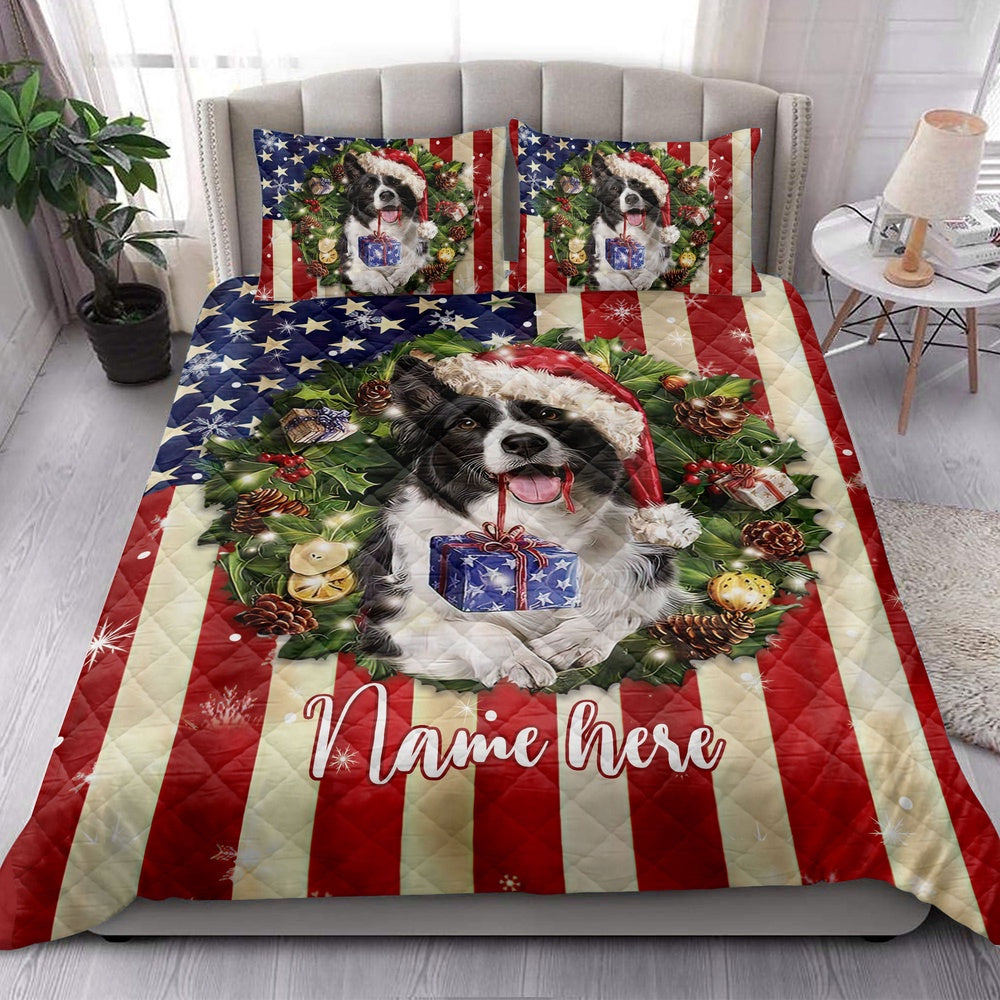 Personalized Border Collie Quilt Set, St. Bernard Wearingmas Hat Wreaths Quilt Blanket