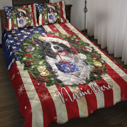 Personalized Border Collie Quilt Set, St. Bernard Wearingmas Hat Wreaths Quilt Blanket