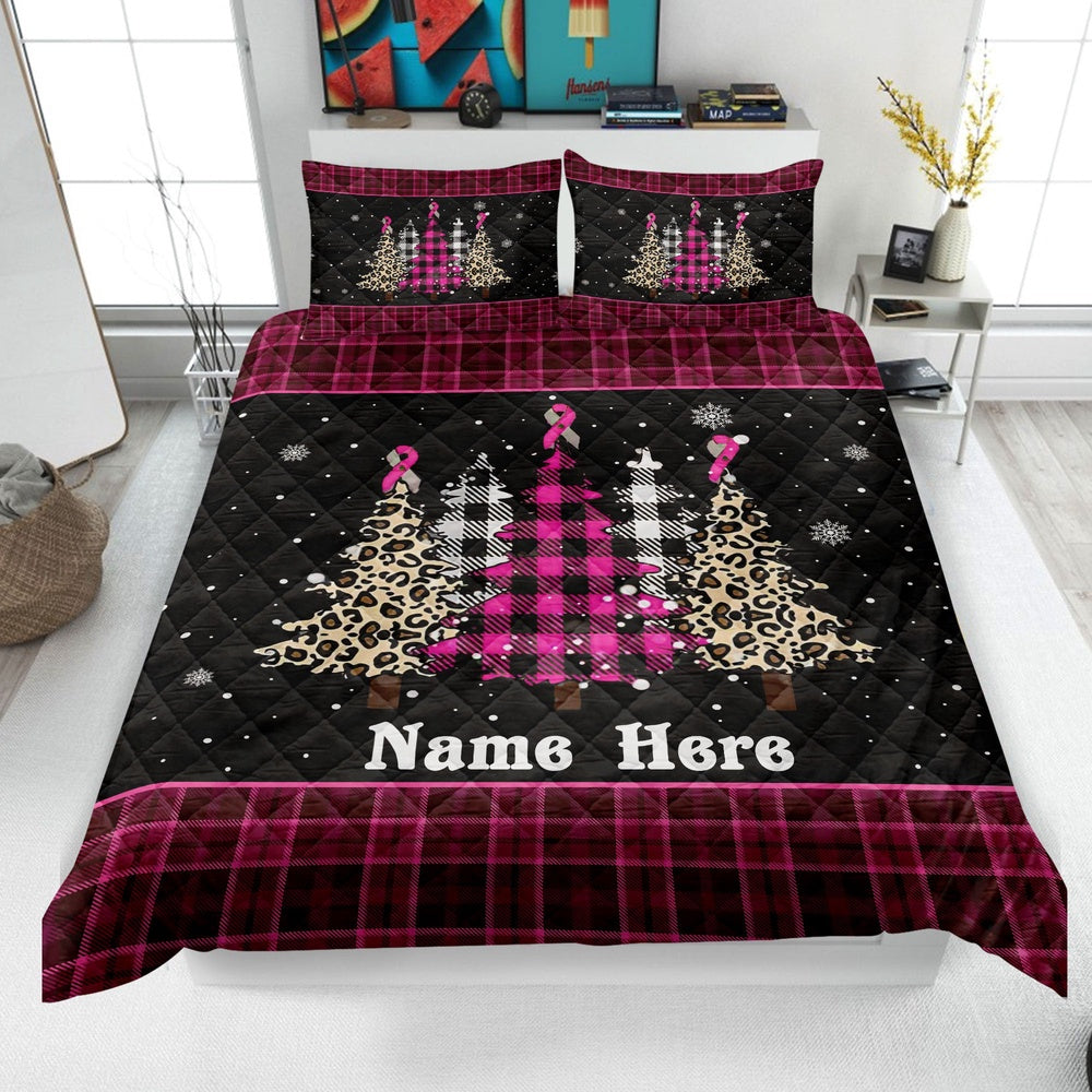 Personalized Breast Cancer Quilt Set, Christmas Tree Quilt Blanket & Pillowcases