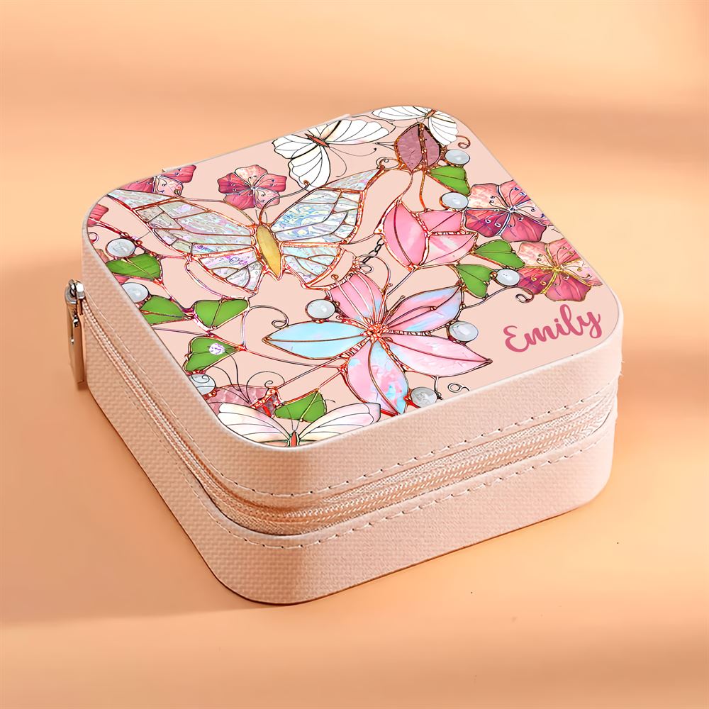 Personalized Butterflies and Flowers Jewelry Box, Travel Jewelry Case Gift For Mom, Wife, Aunt, Friends, Mother's Day Jewelry Case