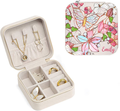 Personalized Butterflies and Flowers Jewelry Box, Travel Jewelry Case Gift For Mom, Wife, Aunt, Friends, Mother's Day Jewelry Case