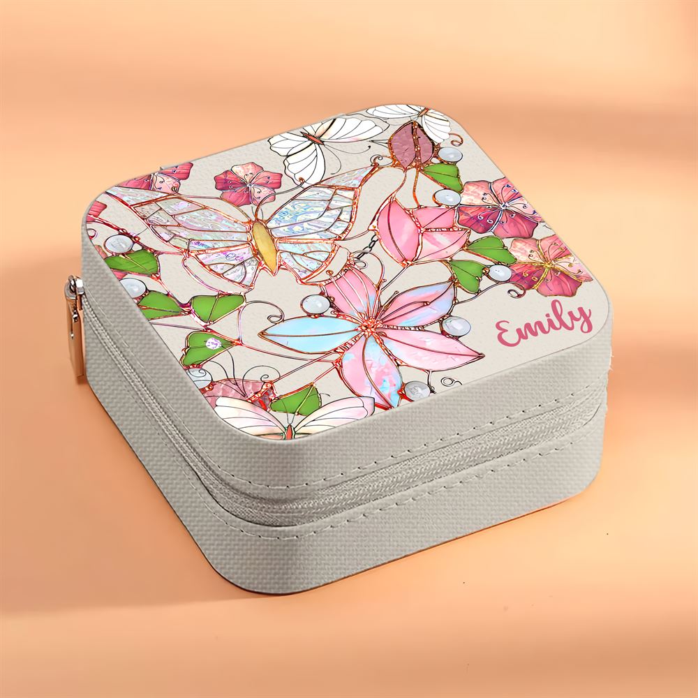 Personalized Butterflies and Flowers Jewelry Box, Travel Jewelry Case Gift For Mom, Wife, Aunt, Friends, Mother's Day Jewelry Case