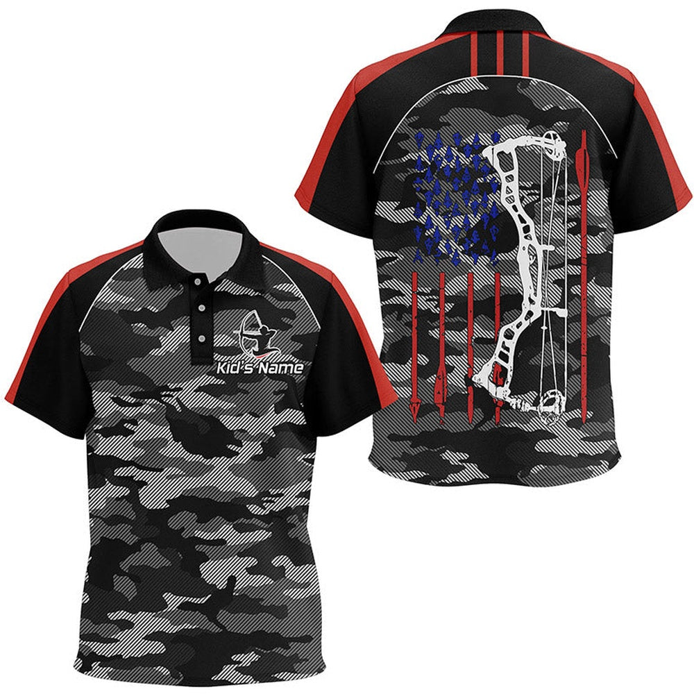 Personalized Camouflage US Flag Archery Polo Shirts, Grunge American Arrow Archery Jerseys, Archery Team Shirts, Custom Archery Shirts