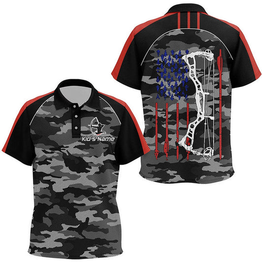 Personalized Camouflage US Flag Archery Polo Shirts, Grunge American Arrow Archery Jerseys, Archery Team Shirts, Custom Archery Shirts