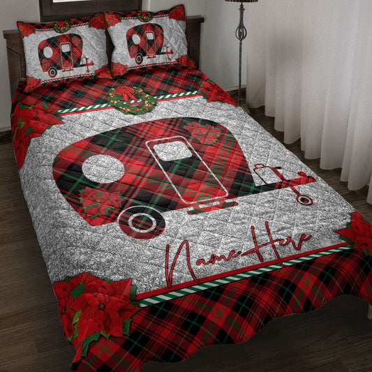 Personalized Camping Quilt Set, Christmas Red Plaid Camping Santa Hat Xmas Quilt Blanket