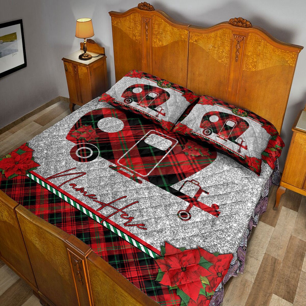 Personalized Camping Quilt Set, Christmas Red Plaid Camping Santa Hat Xmas Quilt Blanket