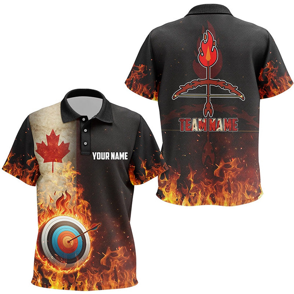 Personalized Canadian Flag Flaming Target Archery Polo Shirts, Archery Team Jerseys, Archery Team Shirts, Custom Archery Shirts