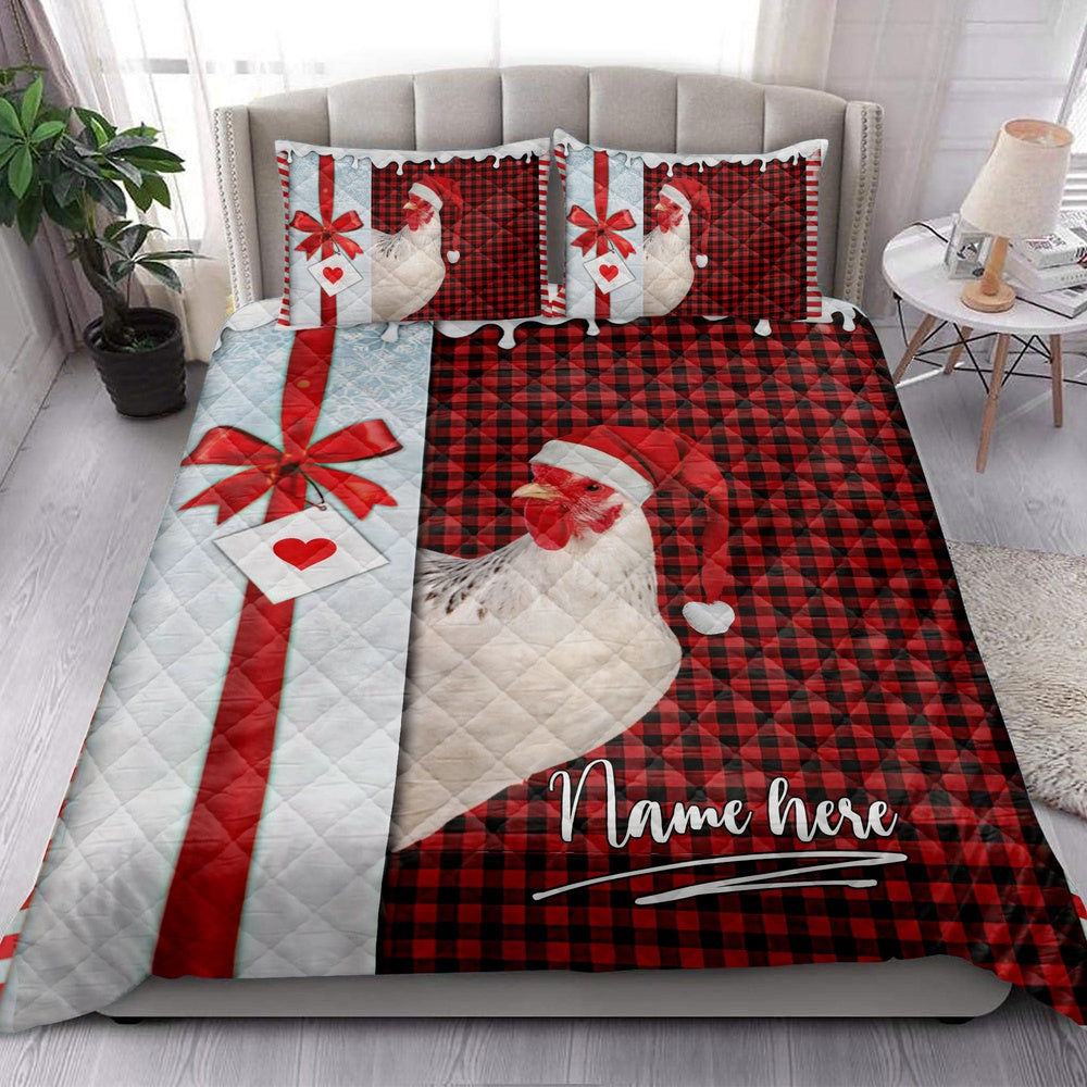 Personalized Chicken Quilt Set, Chicken Santa Hat Withmas Letter Quilt Blanket
