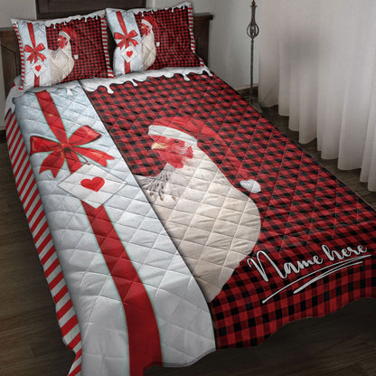 Personalized Chicken Quilt Set, Chicken Santa Hat Withmas Letter Quilt Blanket