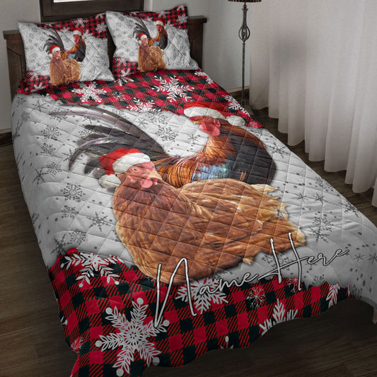 Personalized Chicken Quilt Set, Christmas Red Plaid Chicken Snowflakes Quilt Blanket