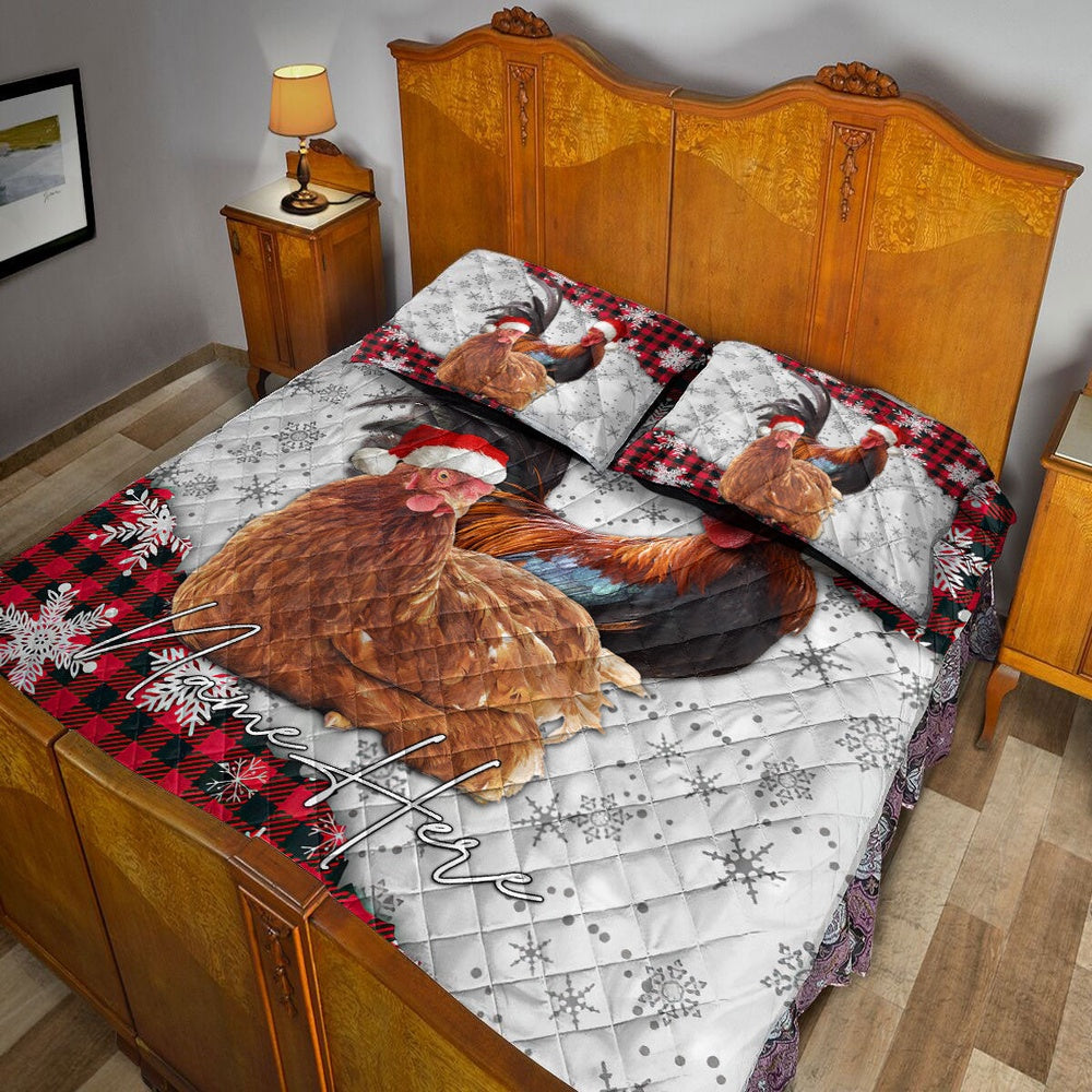 Personalized Chicken Quilt Set, Christmas Red Plaid Chicken Snowflakes Quilt Blanket