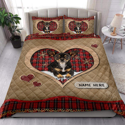 Personalized Chihuahua Quilt Set, Chihuahuamas Heart Red Plaid Quilt Blanket