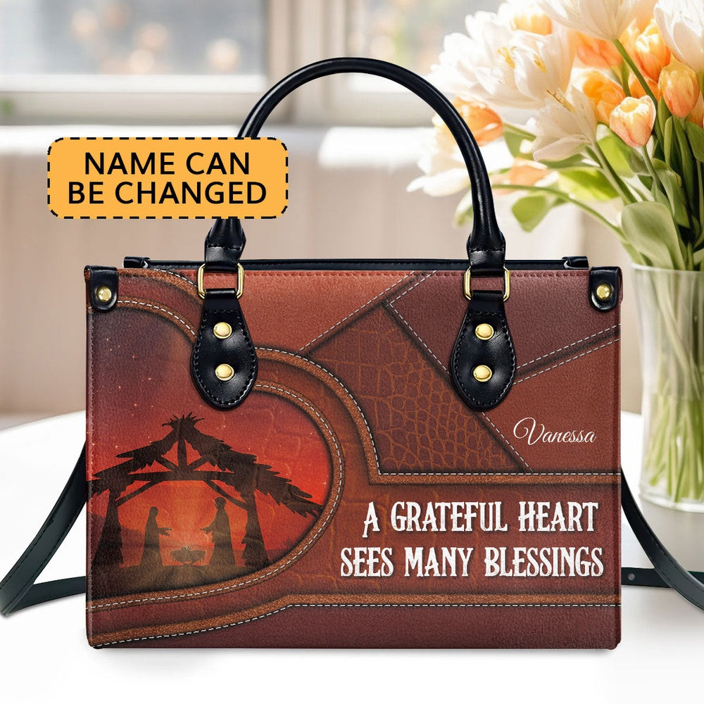 Personalized Christian Leather Bag, A Grateful Heart Sees Many Blessings - Beautiful Personalized Leather Handbag, Faith Handbag